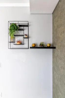 a white wall with two black shelves with plants at #AlimamaSpaces The Ace's Ellipse in Midrand