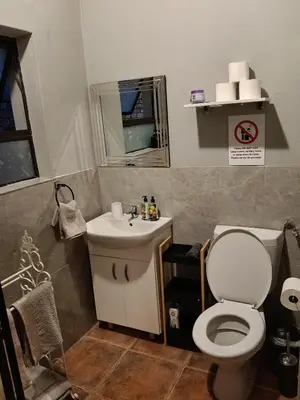 a bathroom with a toilet and a sink at Cozy Corner Cottage near wilgers hospital & Menlyn in Pretoria