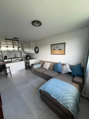 a living room with a couch and a kitchen at 458 on Manitoba in Pretoria