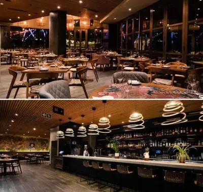 two pictures of a restaurant with tables and chairs at 1606 Menlyn Maine Residence Luxury Apartments in Pretoria