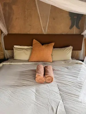 two towels are sitting on a white bed at Aloe Lodge in Thabazimbi