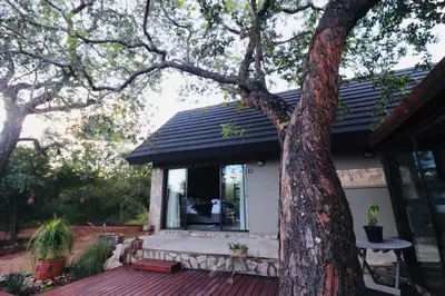 a porch of a house with a tree at La Dolce Vita Lodge in Hoedspruit