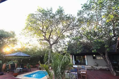 a patio with a pool and a table and an umbrella at La Dolce Vita Lodge in Hoedspruit