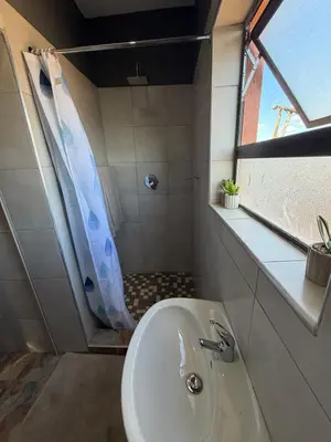 a bathroom with a shower and a white sink at Royal nest Sibasa in Thohoyandou