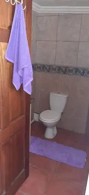 a bathroom with a toilet and a towel on the door at Villa at Wekker Upstairs in Pretoria