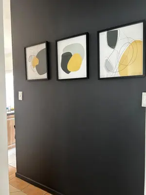 three framed pictures on a wall with a door at 2 Bed Townhouse, Quiet and Stylish in Pretoria