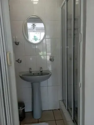 a bathroom with a sink and a mirror at Bloemhoek Guest House in Centurion
