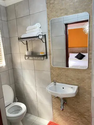 a bathroom with a toilet and a sink and a mirror at 26 Rubens apartments in Secunda