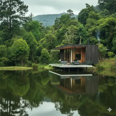 a house on the water with trees in the background at De Holiday Home in Haenertsburg