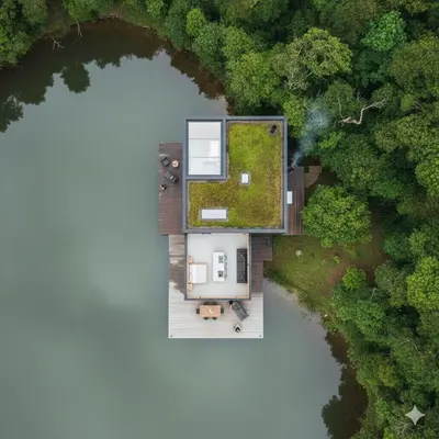 an aerial view of a house in the middle of a river at De Holiday Home in Haenertsburg
