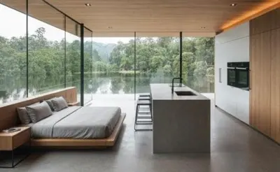 a bedroom with a bed and a kitchen with a sink at De Holiday Home in Haenertsburg