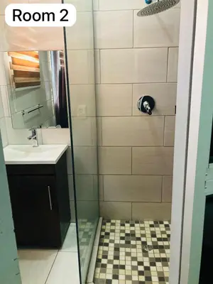 a bathroom with a shower with a sink and a mirror at The Bright Guest House in Pretoria