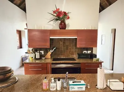 a kitchen with wooden cabinets and a vase of flowers at Mokaikai - Pride Retreat - Pax 10 in Bobbejaanstert