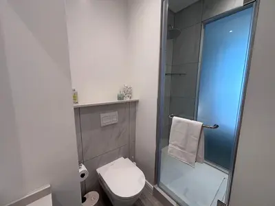 a bathroom with a toilet and a glass shower at Signature Luxury Living Experience - The Trilogy Collection in Pretoria