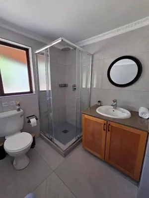 a bathroom with a shower and a toilet and a sink at 76 Zebula- Premium Luxurious Villa in Bela-Bela! in Warmbaths