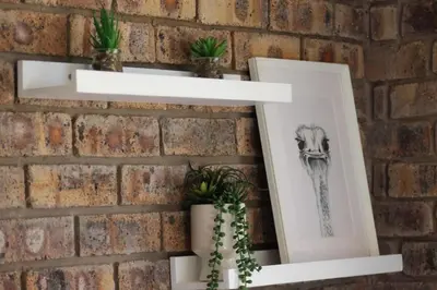 a brick wall with white shelves and potted plants at Little Amanzi in Pienaarsrivier