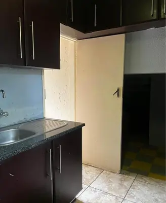 a kitchen with a sink and a door to a garage at Bra Phuti' Place in Pretoria