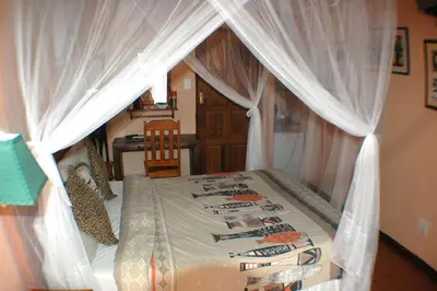 a bedroom with a canopy bed with white curtains at Trees Too Guest Lodge in Komatipoort