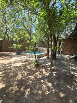 a backyard with a swimming pool and some trees at Villa Calao in Marloth Park