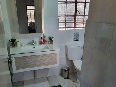 a bathroom with a sink and a toilet and a mirror at Optibos - 3 Bedroom Holiday Home 6 Sleeper in Marloth Park
