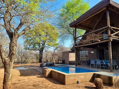 a house with a swimming pool next to a tree at Optibos - 3 Bedroom Holiday Home 6 Sleeper in Marloth Park