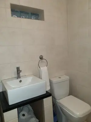 a bathroom with a white sink and a toilet at Gecko Cottages in Hectorspruit