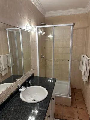 a bathroom with a sink and a shower at Foundry Guest Lodge in Pretoria