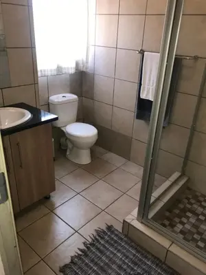 a bathroom with a toilet and a sink and a shower at Foundry Guest Lodge in Pretoria