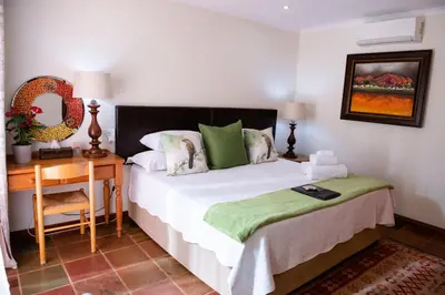 a bedroom with a bed and a desk with a mirror at 37 on Charles in Pretoria
