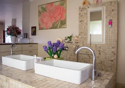 two white sinks on a counter in a kitchen at Villa-Candilabra Guesthouse in Komatipoort