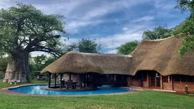 a house with a thatched roof with a swimming pool at Munati B&B in Musina