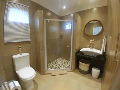 a bathroom with a shower and a toilet and a sink at Andante Lodge in Pretoria