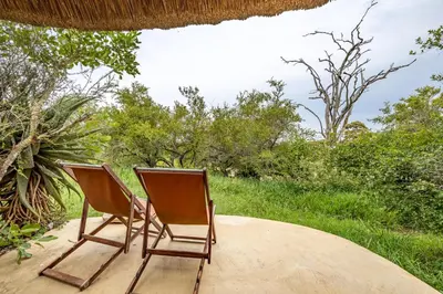 two chairs sitting on a table in a field at Umlani Bushcamp in Timbavati Game Reserve
