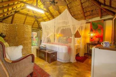 a bedroom with a bed with a canopy at Wielewaal Bush Lodge in Marloth Park