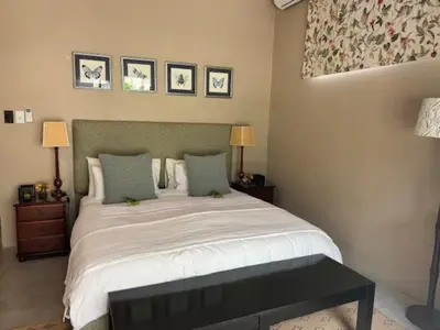 a bedroom with a large white bed with two lamps at Plumbago Guest House in Hazyview