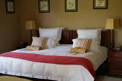 a large white bed with two pillows on it at Plumbago Guest House in Hazyview