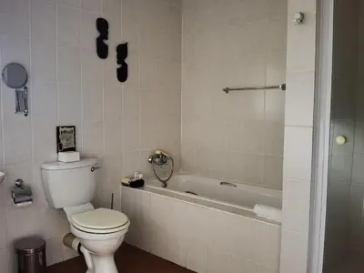 a bathroom with a toilet and a bathtub with skulls on the wall at Ipe Tombe Guest Lodge - Midrand in Midrand