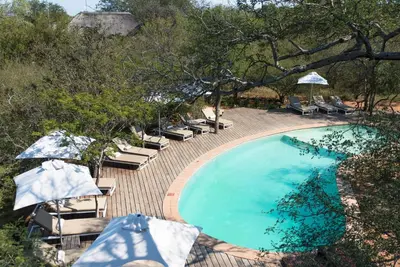 an outdoor swimming pool with lounge chairs and umbrellas at Unembeza Boutique Lodge & Spa in Hoedspruit
