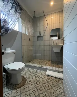 a bathroom with a toilet and a shower at Longtom Farm Guesthouse in Lydenburg