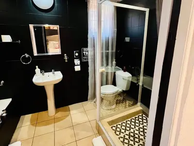 a bathroom with a shower and a toilet and a sink at Longtom Farm Guesthouse in Lydenburg