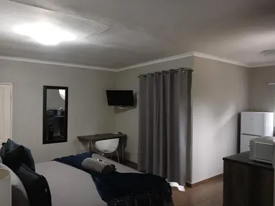 a bedroom with a bed and a desk and a television at Blue Sparrow Guest House in Middelburg
