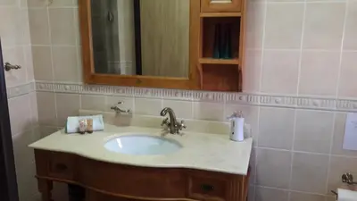 a bathroom with a sink and a mirror at The Cedars Bed and Breakfast in Centurion