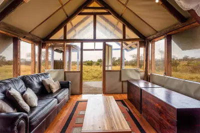 a living room with a black leather couch and a wooden table at Buffelshoek Tented Camp in Manyeleti Game Reserve
