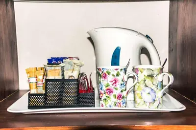 a shelf with two cups and a tea pot at Mawusi Bush Lodge in Hoedspruit