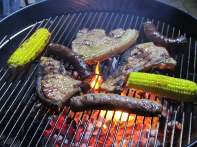 a bunch of meat and vegetables on a grill at Mawusi Bush Lodge in Hoedspruit