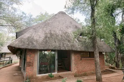 a small brick house with a thatched roof at Limpokwena Nature Reserve in Tokio