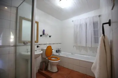 a bathroom with a toilet with a wooden seat at Big Tree Midrand in Midrand