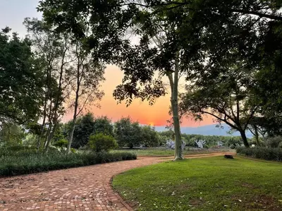 a brick path in a park with a sunset in the background at Boschoek Farm in Tzaneen