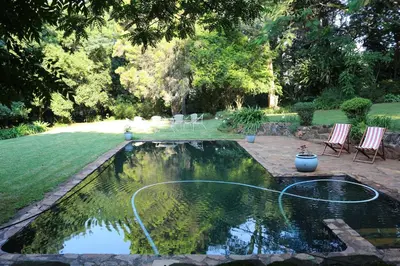 a swimming pool in a yard with chairs and trees at Softwaters Guesthouse Cottages in Louis Trichardt
