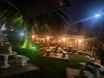a house with a palm tree in the yard at night at Dara Guest House in Trichardt